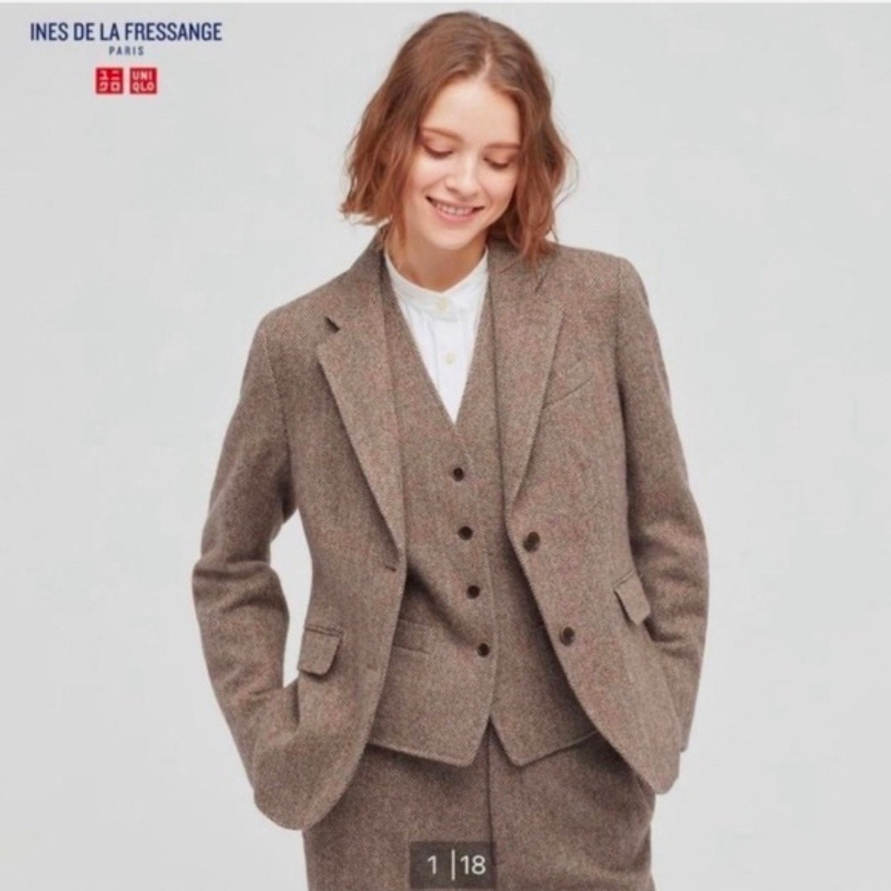 Uniqlo Ines de la Fressange Herringbone Wool Blend Blazer Tan Brown Womens Med